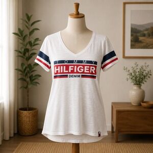 Tommy Hilfiger Denim V-Neck‎ T-Shirt Womens Small White Graphic Stripe Tee